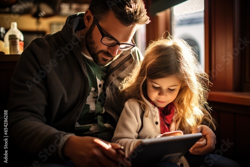 Father and daughter play and learn from the tablet together. Generative AI.