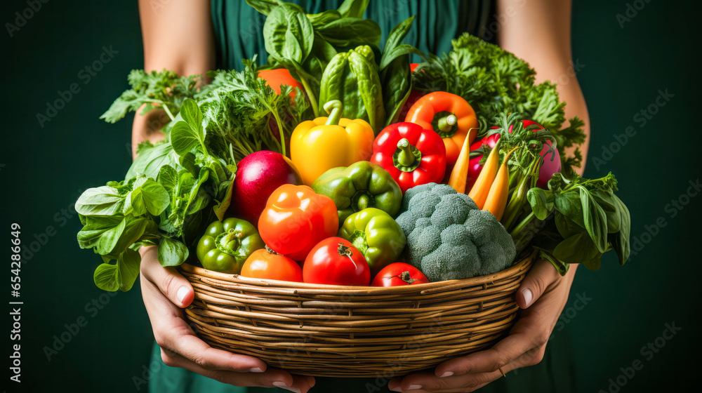 Fototapeta premium Joyful woman holding a basket of vibrant organic vegetables on plain studio background.