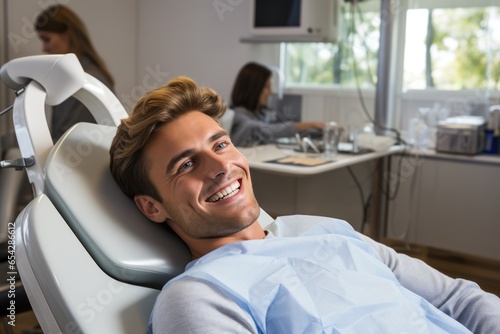 Smart man with good health and good teeth lies on bed waiting for doctor's care in clinic.generated AI.