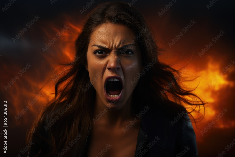 A woman standing in front of a fire with her mouth open in surprise. This image can be used to depict shock, awe, or amazement.