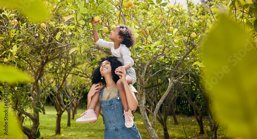 Photos Woman with kid, lemon orchard and piggyback in nature, agriculture with healthy food and nutrition on citrus farm