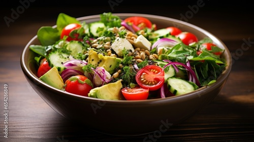Flexitarian salad. A semi-vegetarian diet, also called a flexitarian diet, is one that is centered around plant foods and with the occasional inclusion of meat. photo