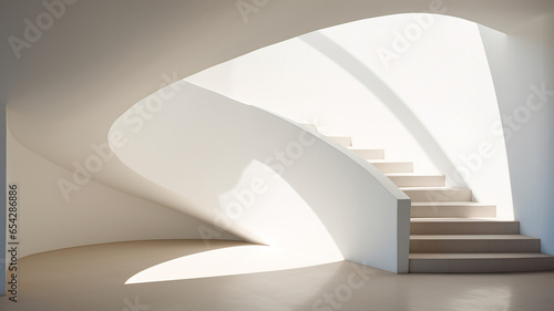 Curved staircase and light and shadow on white wall