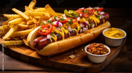 Deluxe grilled all-beef hot dogs served with accompaniments and chips.