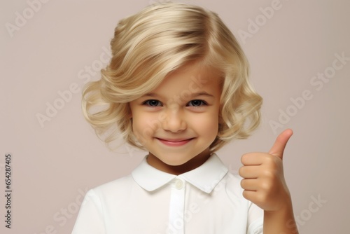 A little girl showing a thumbs up sign. This image can be used to represent positivity and approval in various contexts.