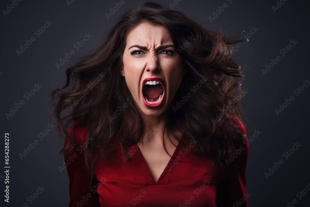 A picture of a woman wearing a red dress with her mouth open. This image can be used to depict surprise, shock, or excitement. Suitable for various creative projects.