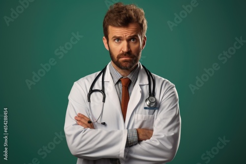 A picture of a man wearing a lab coat and holding a stethoscope. This image can be used to represent healthcare, medical research, or a doctor's profession.
