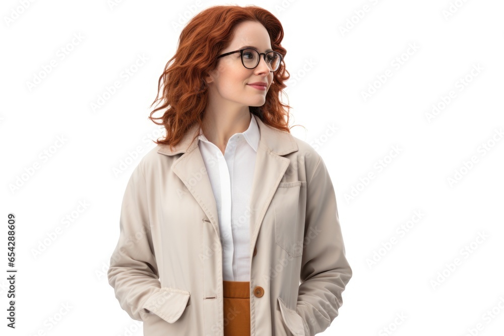 A picture of a woman with vibrant red hair wearing stylish glasses and a trench coat. This image can be used to represent a fashionable and confident woman in various contexts.
