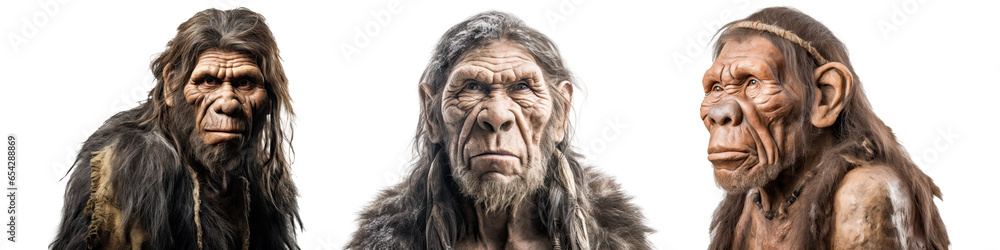 Set of neanderthal isolated on transparent background - Generative AI Set of neanderthal isolated on transparent background - Generative AI