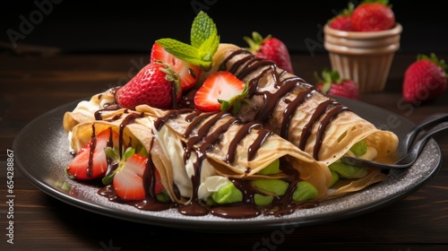 Delicious crepes topped with strawberries, kiwi, and drizzled with chocolate syrup