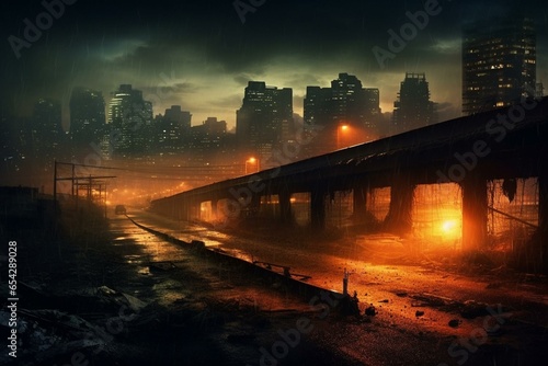 Dark, foggy, post-apocalyptic cityscape at night. Generative AI