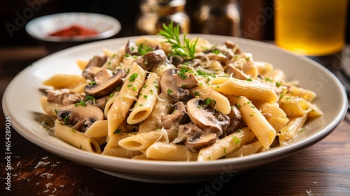 Classic and genuine Italian penne pasta dish featuring chicken, mushrooms, and Parmesan cheese.