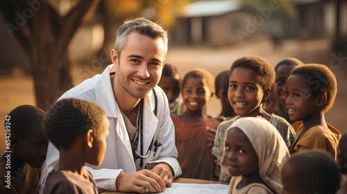 Portrait of a smiling doctor sitting with poor children in the street