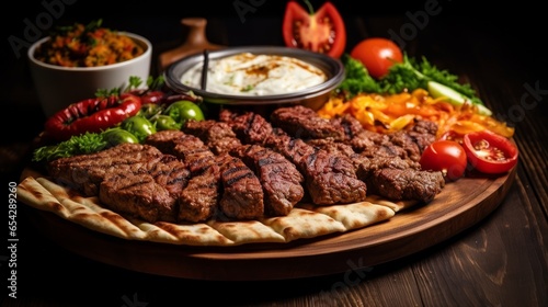 A traditional Turkish and Arabic mixed Vali Kebab plate for Ramadan, including Adana, Urfa, chicken, lamb, liver, and beef, served on bread