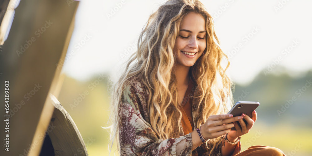 Captivating young woman enjoying unlimited 5G mobile plan in a relaxed manner. - obrazy, fototapety, plakaty 