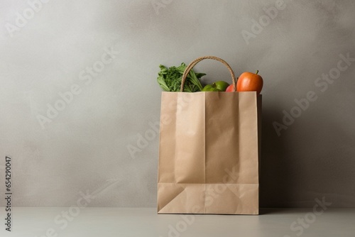 paper bag holding groceries on neutral background. Generative AI