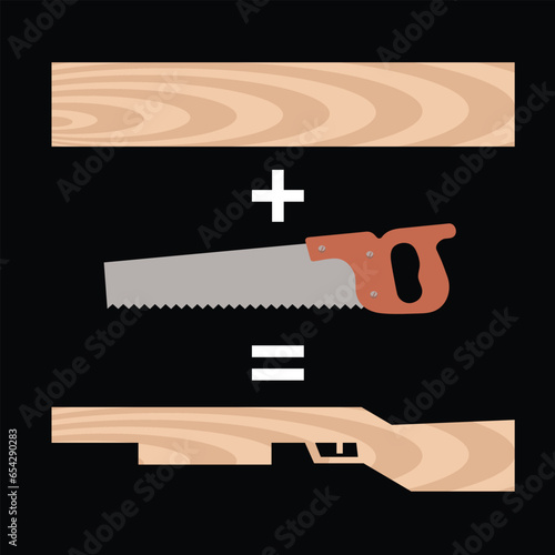 toy wooden gun or rifle, making of with saw and board, vector illustration 