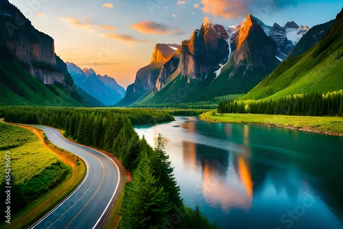 A scenic highway running alongside a calm river, with towering cliffs on one side and lush forests on the other photo