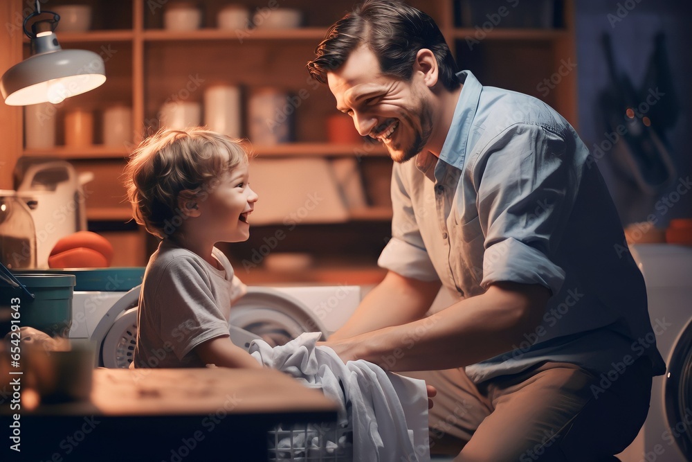 happy family father and his kid doing laundry together at home happy family father and his kid doing laundry together at home