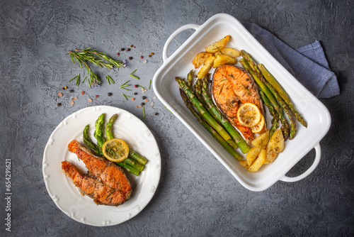 Grilled, baked salmon serve...