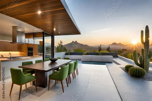 A contemporary desert home with a flat roof and cacti landscaping