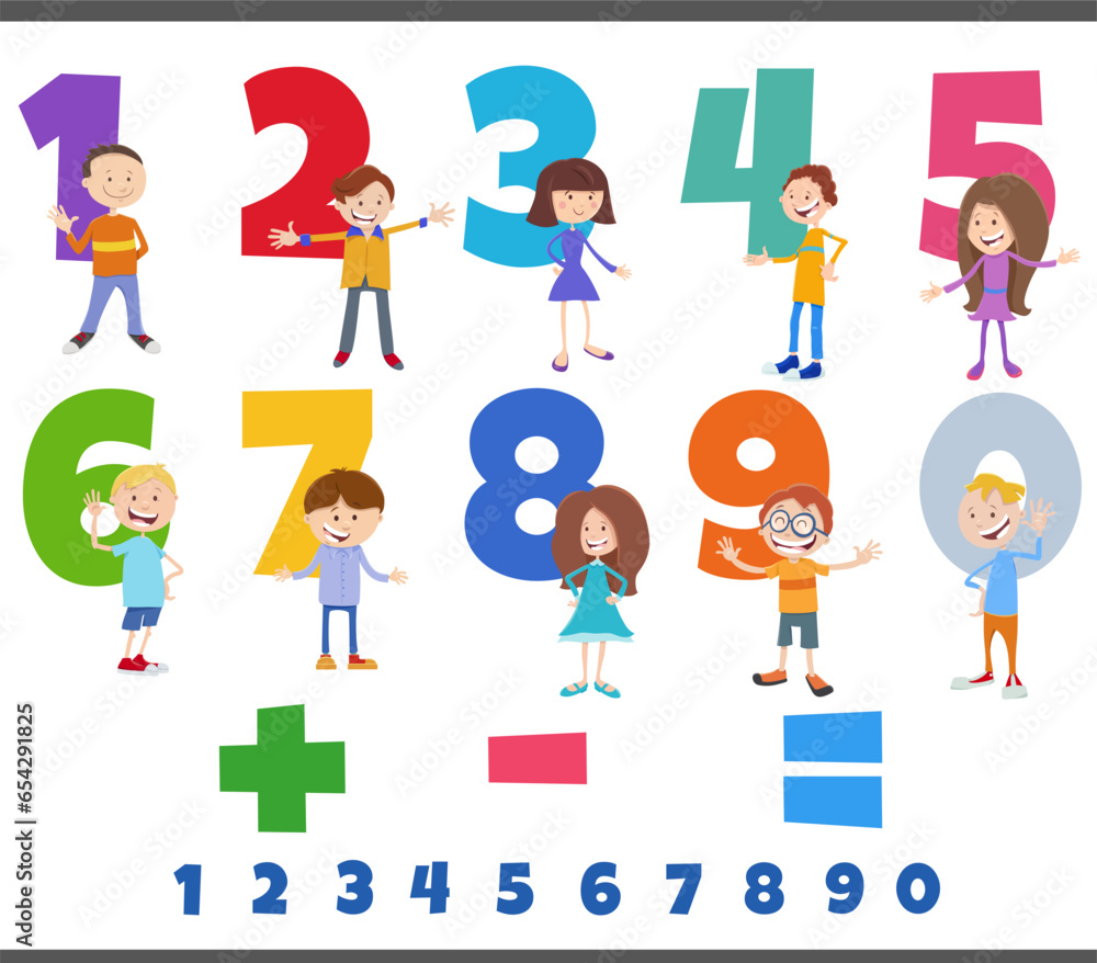 educational numbers set with comic children characters