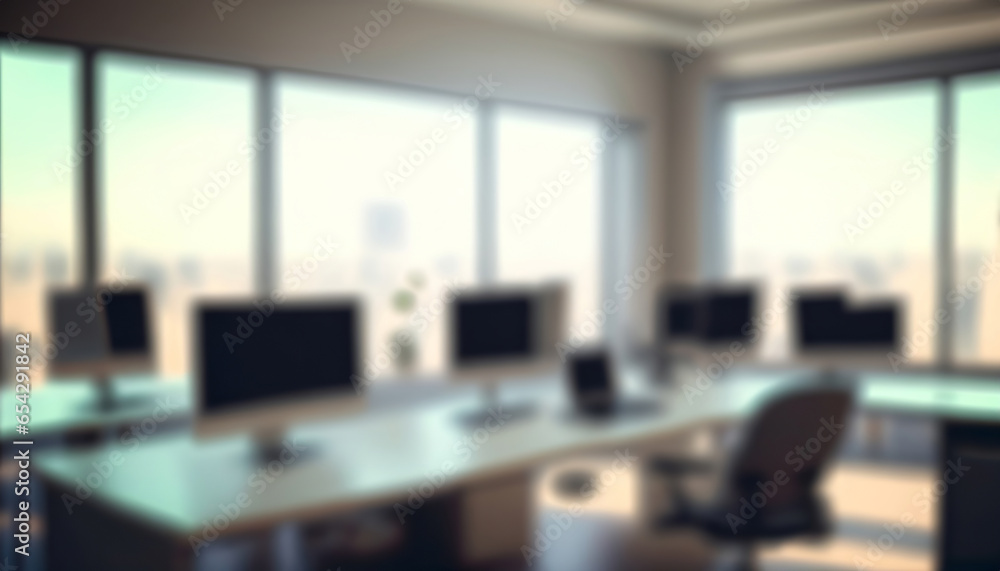 Blurred empty office space with desks, multiple computer monitors, chairs, and floor-to-ceiling windows offering a view of the city skyline. in the style of contemporary DIY Blurred empty office space with desks, multiple computer monitors, chairs, and floor-to-ceiling windows offering a view of the city skyline. in the style of contemporary DIY