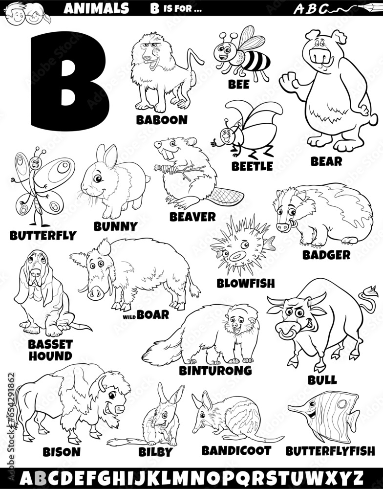 cartoon animal characters for letter B set coloring page