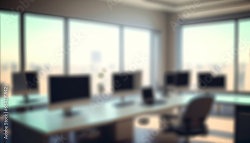 Blurred empty office space with desks, multiple computer monitors, chairs, and floor-to-ceiling windows offering a view of the city skyline. in the style of contemporary DIY