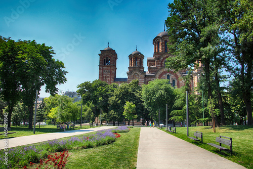 St. Mark's Church exterior view from city park in sunny bright summer day