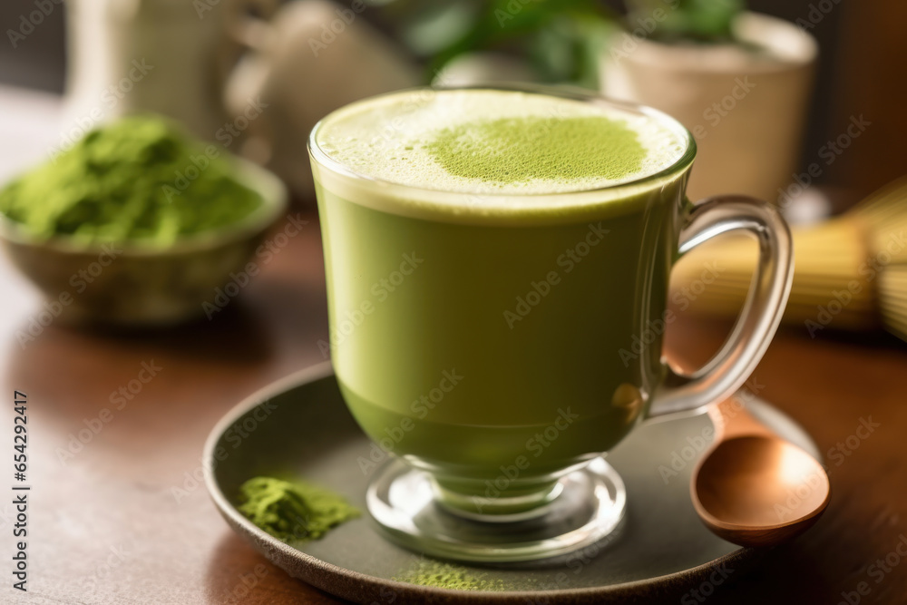 Matcha green tea latte in a glass cup with spoon. Matcha green tea latte in a glass cup with spoon.