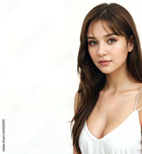 portrait of a beautiful young woman with brown hair on white background, copy space and empty space for text