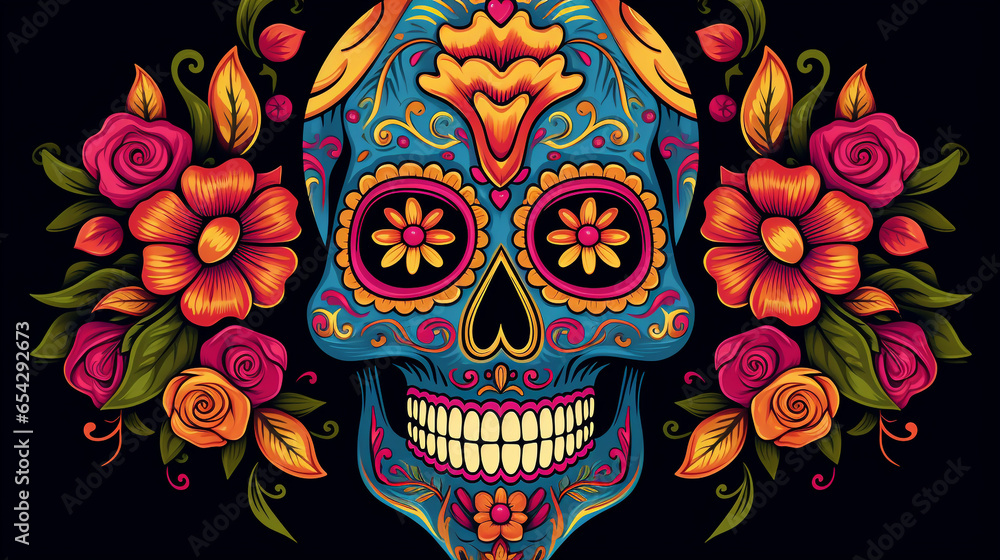 Mexican skull design with a weathered and aged appearance, reminiscent of traditional Mexican folk art Mexican skull design with a weathered and aged appearance, reminiscent of traditional Mexican folk art