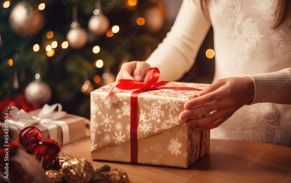 A woman is wrapping a present underneath a Christmas tree. Generative AI A woman is wrapping a present underneath a Christmas tree. Generative AI