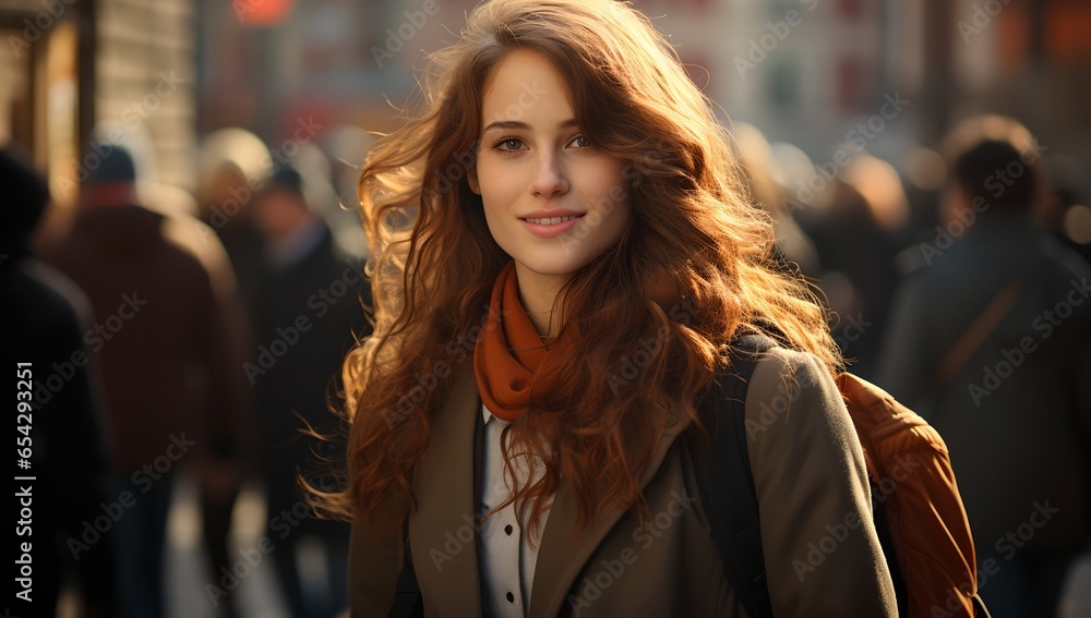Young woman in the background of a fall street, generative AI