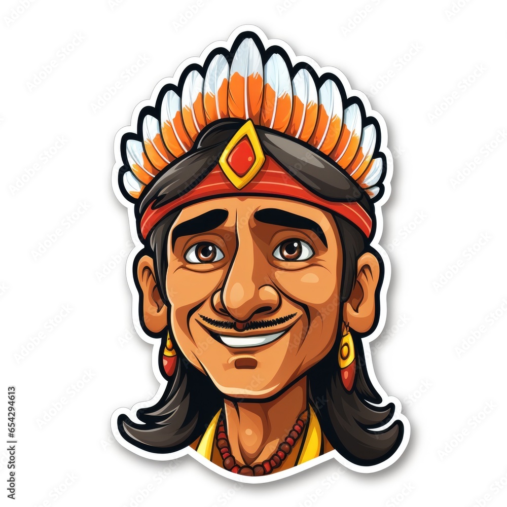 A sticker of a smiling native american man. Digital art. A sticker of a smiling native american man. Digital art.
