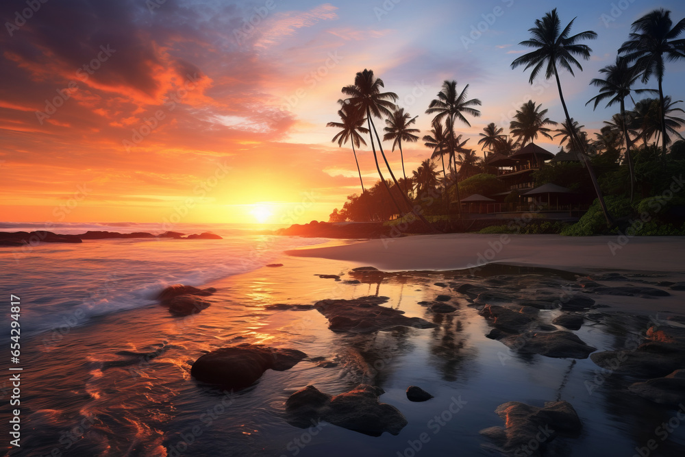 Breathtaking sunset over the serene beaches. A perfect getaway for relaxation and tranquility