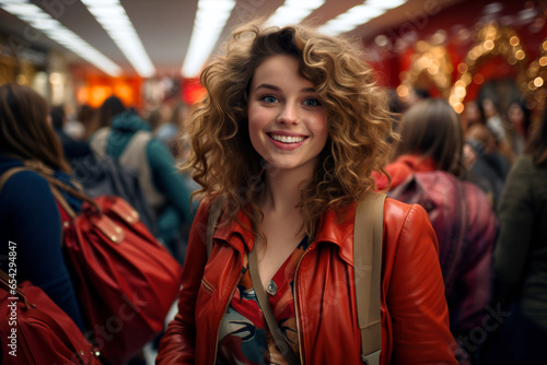 Portrait of a beautiful young woman with curly hair in a red jacket in a shopping center