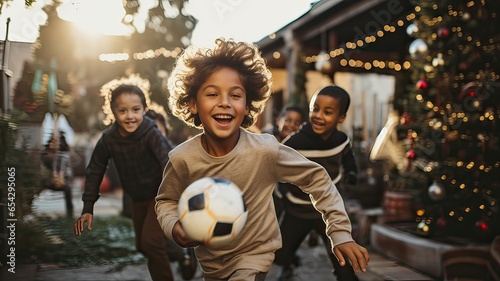 Group of Latin children playing soccer outside the house, on a summer day, Christmas time. Generative AI. © Lux Images