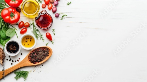Assorted organic vegetables with spoons on white background