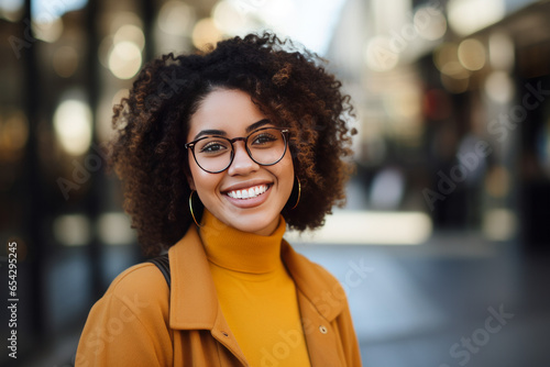 portrait of a young black woman smiling, outdoors in autumn clothes