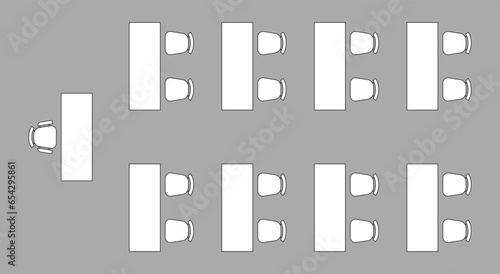 Furniture elements top view, plan of auditorium, classroom with place spectators. Kit for plan of office, lecture hall, workspace, education, school. Scheme chairs and tables. Collection for interior