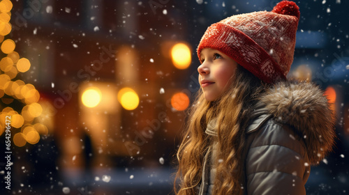Festive girl in city, smiling by Christmas tree in atmospheric urban scene