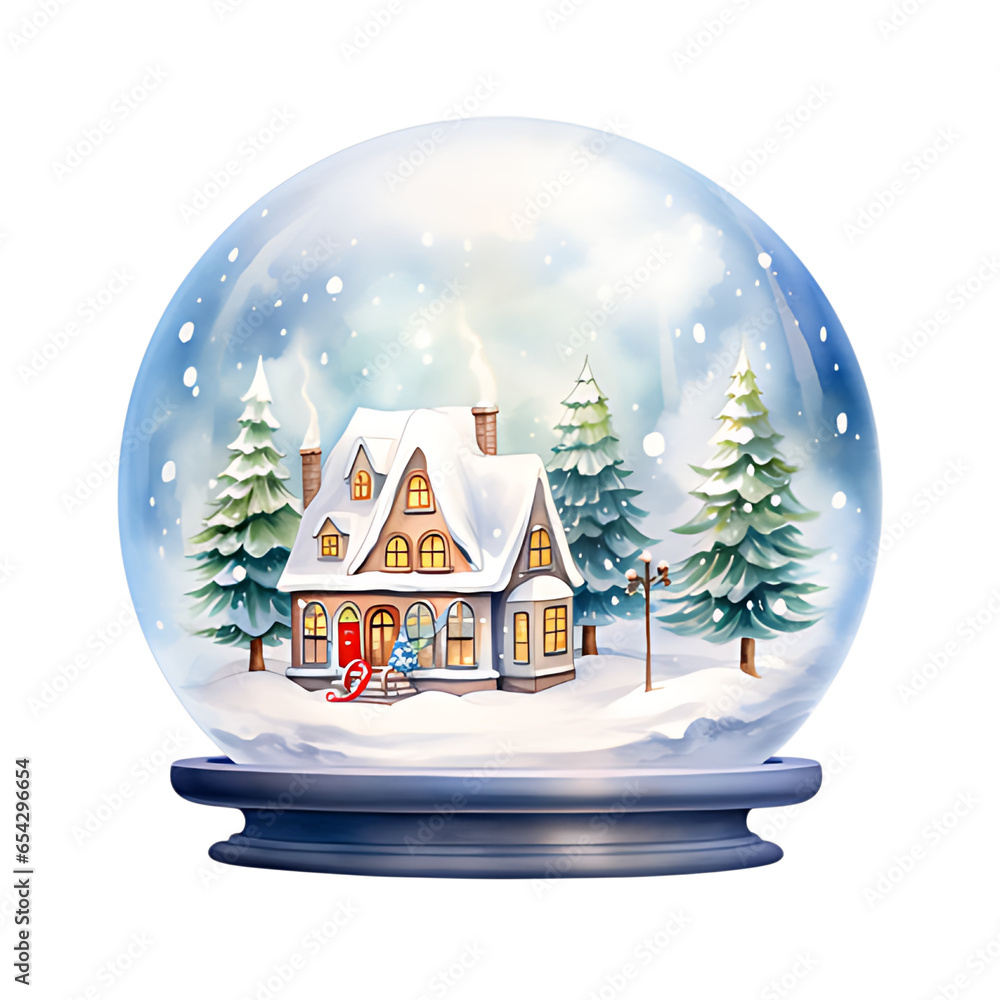 snow globe house of Merry Christmas Day watercolor- japanness style soft color Sharp light and shadow style Keep the details meticulous on white background.