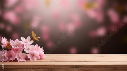 Pink sakura branch on wooden table stand, blurred background © Abdul