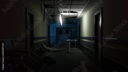 Eerie psychiatric ward corridor, overturned beds, flickering light, ominous Halloween setting. photo