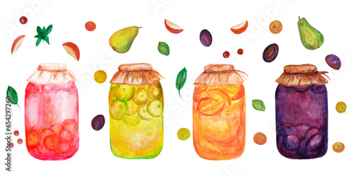 Delicious compotes set from fruits, watercolor illustration. Sweet refreshing berry compotes. Homemade canned apple compote in glass jar.