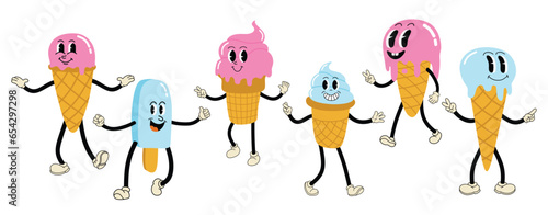 Cute ice cream cartoon character set.