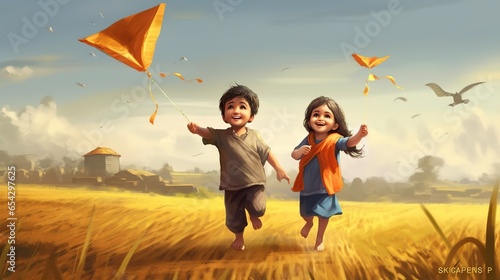 Makar Sakranti, Kids flying kite, Generative ai. photo