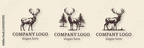 Logo set Deer Elk Silhouette Hand Drawn Vector Illustration. Symbol Graphic Element, logo template isolated on a background Premium retro vintage symbols for hunt, adventure,  in forest